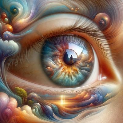 The primary subject of the image is a close-up of a person's eye, which is painted with a vibrant and colorful design. The eye is surrounded by a variety of colors and patterns, creating a visually striking and artistic representation. The setting is a cloudy sky, which serves as the backdrop for the eye's design. The visual style of the image is a combination of digital art and illustration, showcasing the artist's creativity and skill in creating a unique and captivating piece